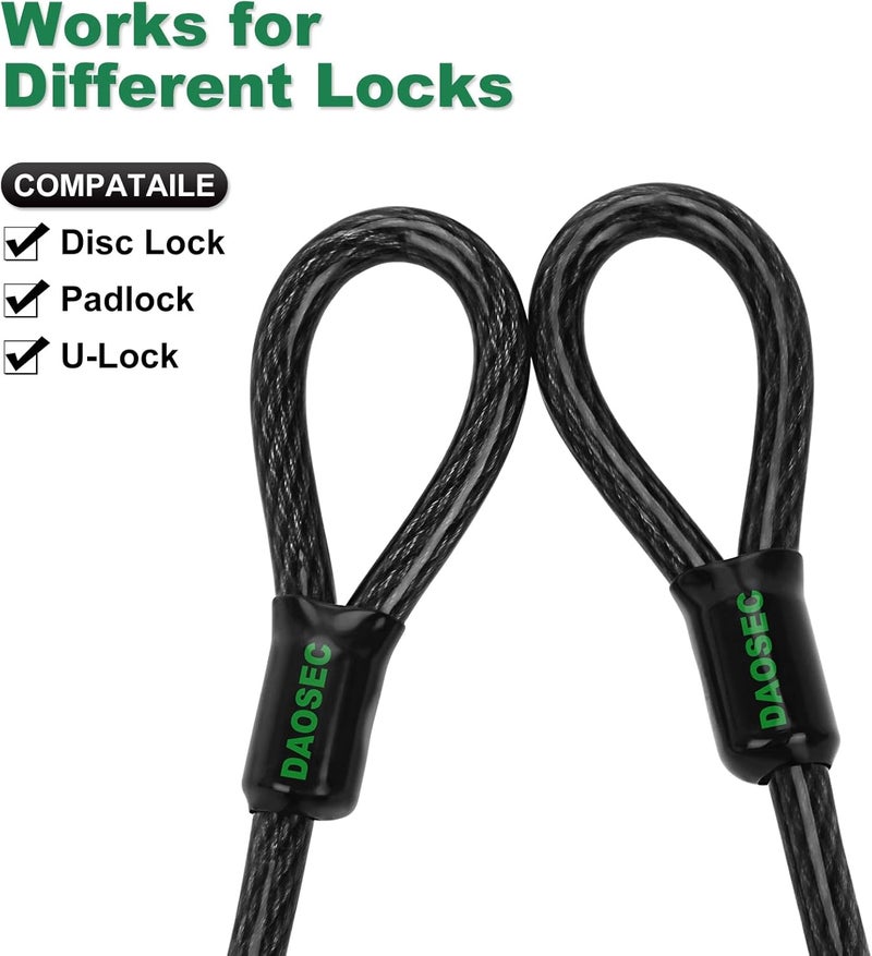 DAOSEC 20 ft x 1/2" Heavy Duty Cut-Proof Security Cable | Flexible Vinyl-Coated Braided Steel with Looped Ends | Weatherproof Anti-Theft Locking Cable for Bikes, Gates, Kayaking & Outdoor Equipment - Image 5